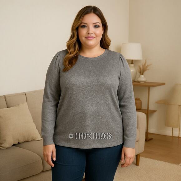 Les Serein Plus Size Metallic Puff Sleeve Crewneck Knit Sweater Silver Size 2X - Picture 1 of 10